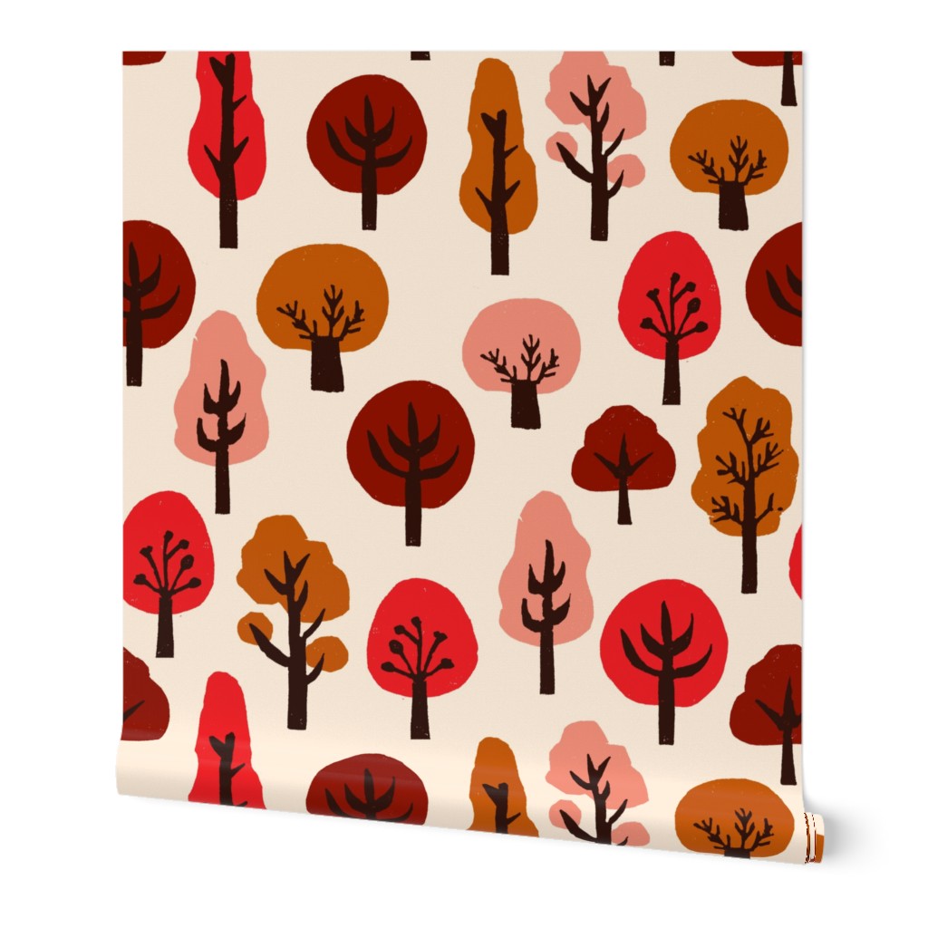 trees // autumn fall trees fabric andrea lauren linocut fabric fall autumns kawaii cute 