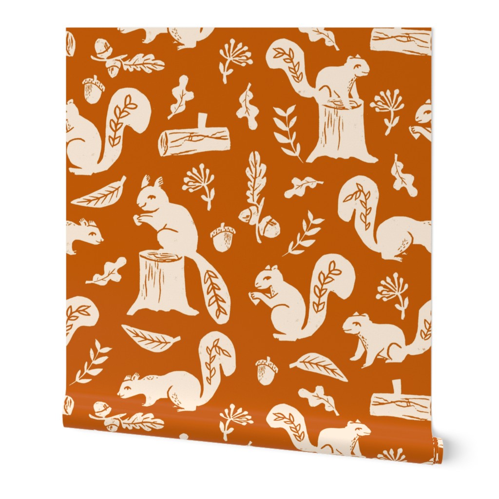 squirrels // linocut fall autumn squirrels trees acorn oaks andrea lauren fabric