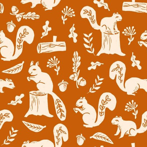 squirrels // linocut fall autumn squirrels trees acorn oaks andrea lauren fabric