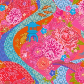 Enchanted  Pink Kimono Garden - Lush Florals & Serene Koi