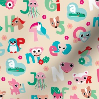 Fun kids animals abc back to school alphabet illustration print