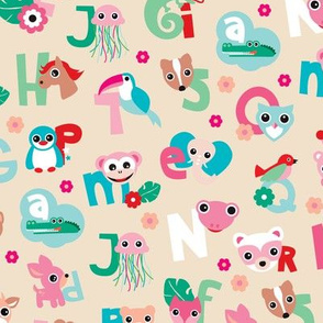 Fun kids animals abc back to school alphabet illustration print