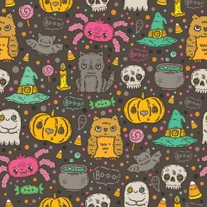 Spooky Halloween pattern with owl, bat, spider, cat, ghost, pumpkin, witch hat and cauldron 