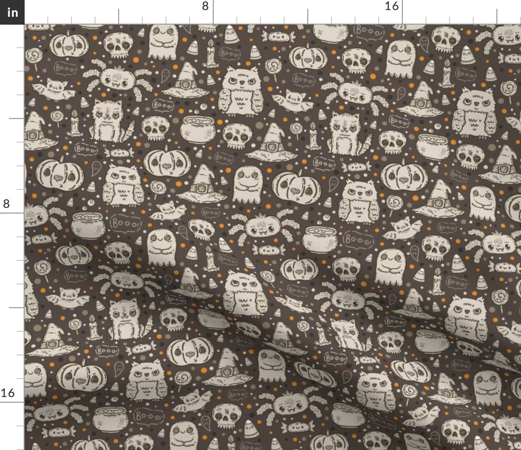 Spooky Halloween pattern with owl, bat, spider, cat, ghost, pumpkin, witch hat and cauldron 