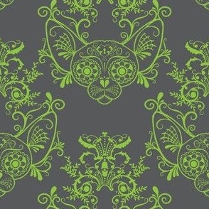 Grey with Lime Green Damask Sugar Skull Sphynx Cats