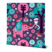 Colorful cute india elephants lemur monkey birds and indian forest zoo illustration print