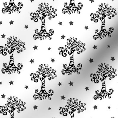 Swirly Black and White Trees with Stars 