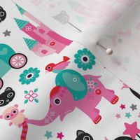 Adorable pink princess dreams with unicorn elephants and magic sparkle fairy