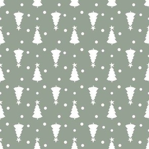 Classic Christmas Tree Design, White Stars and Circles on Sage Green Fabric