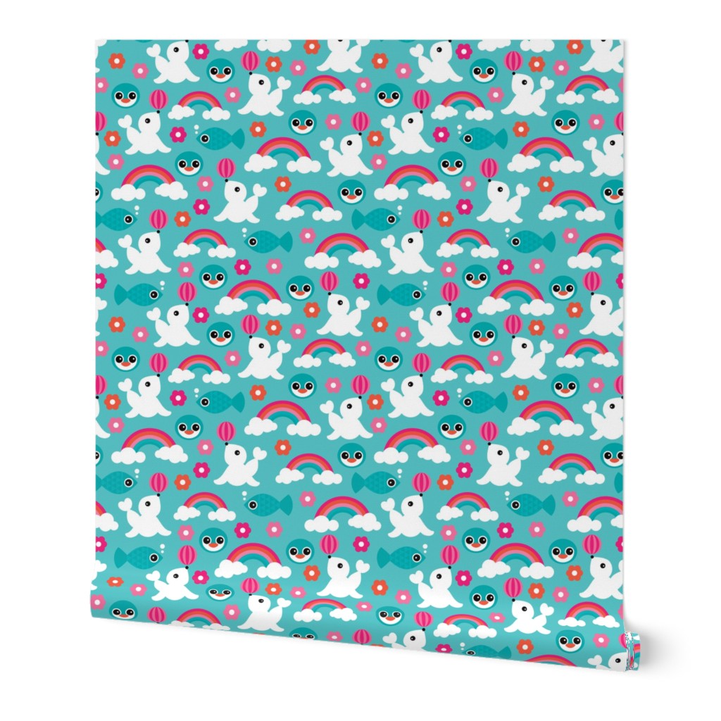 Adorable little seal penguin fish and dolphin rainbow illustration pattern