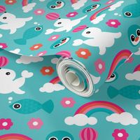 Adorable little seal penguin fish and dolphin rainbow illustration pattern