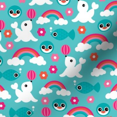 Adorable little seal penguin fish and dolphin rainbow illustration pattern