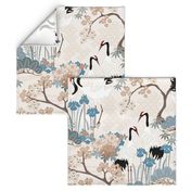 Enlarged Cranes 24 in Japanese Garden Beige