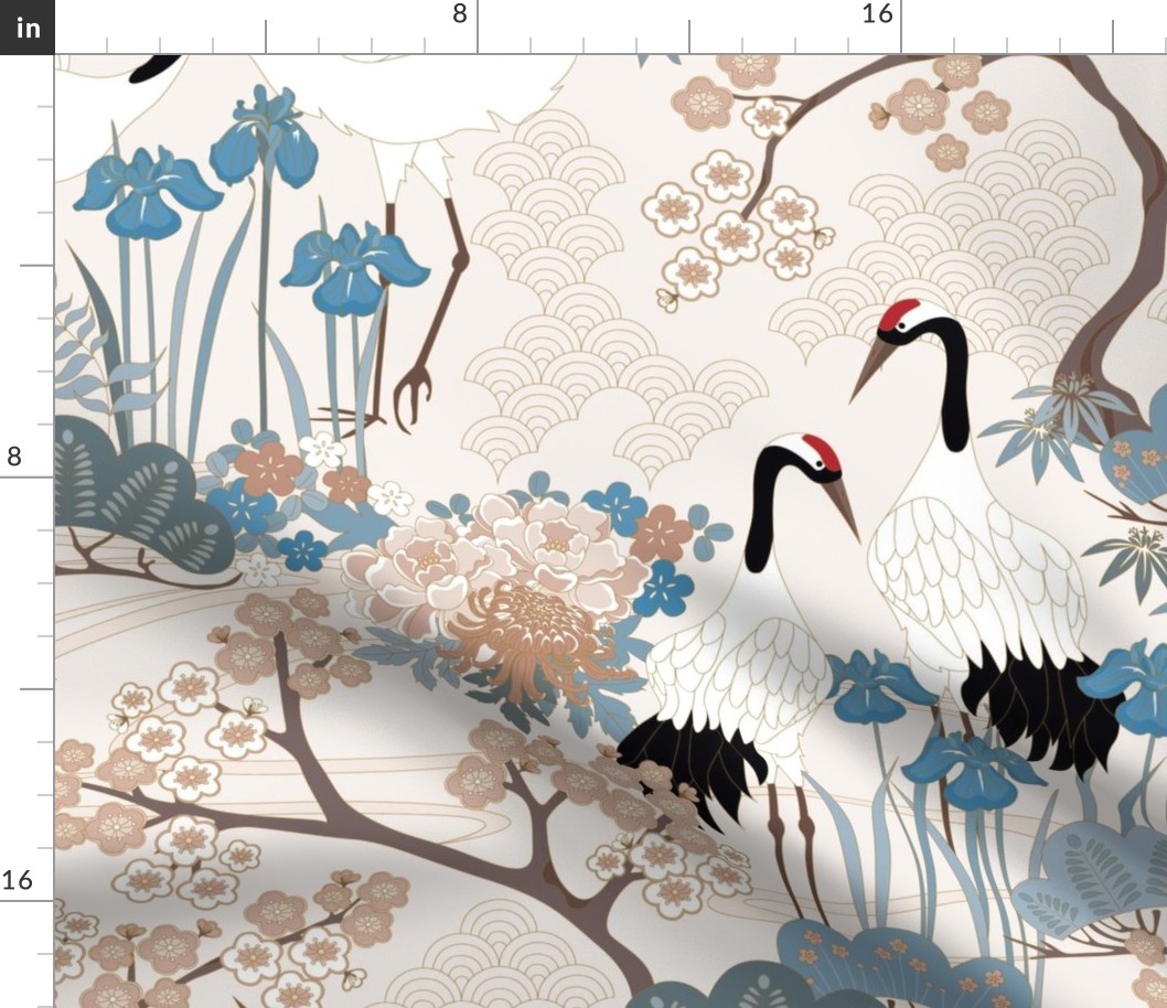 Enlarged Cranes 24 in Japanese Garden Beige