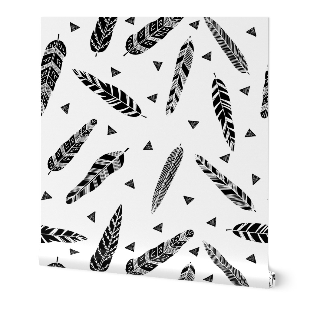 Inky Feathers fabric //- White and Black by Andrea Lauren