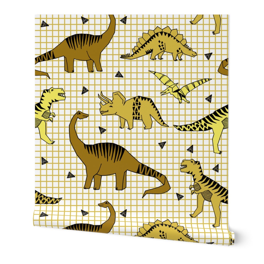 dinos // mustard dinosaurs dino kids baby yellow grid 