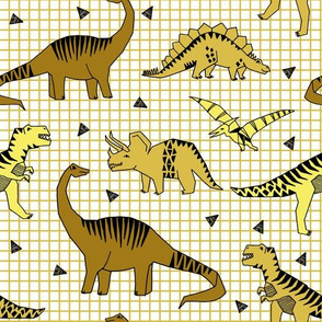 dinos // mustard dinosaurs dino kids baby yellow grid 