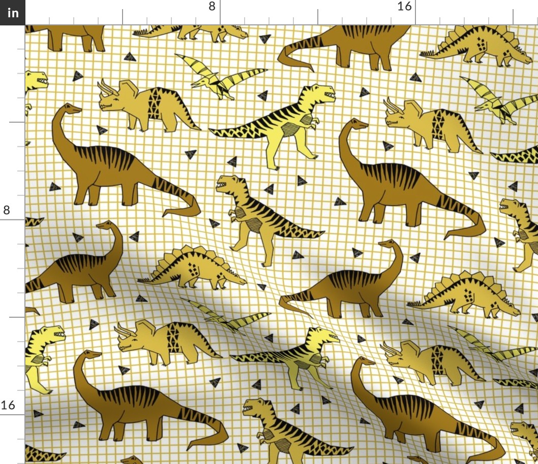 dinos // mustard dinosaurs dino kids baby yellow grid 