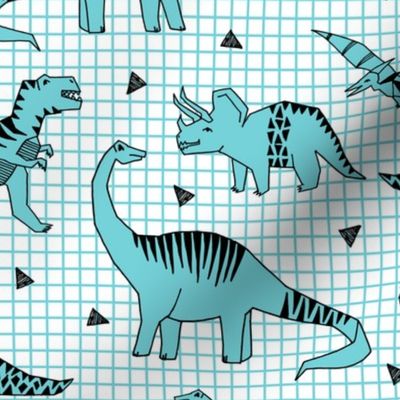 dinos // turquoise dinosaur t-rex prehistoric jurassic kids baby boy blue grid