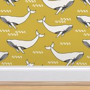 whales // yellow mustard yellow fabric whales fabric whale design simple scandi kids nursery fabric andrea lauren design andrea lauren