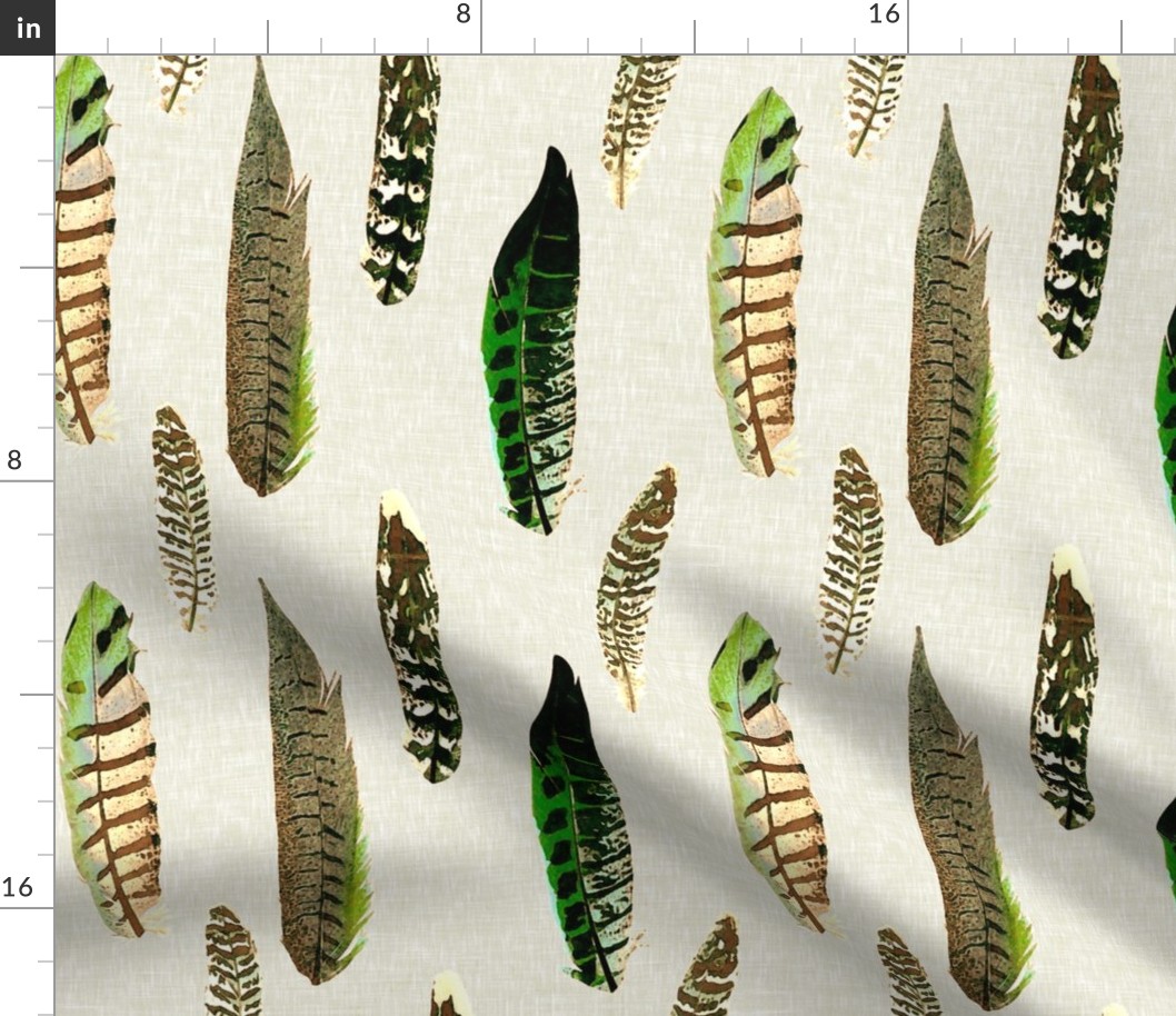 Luxe Feathers in Green Jay on Linen
