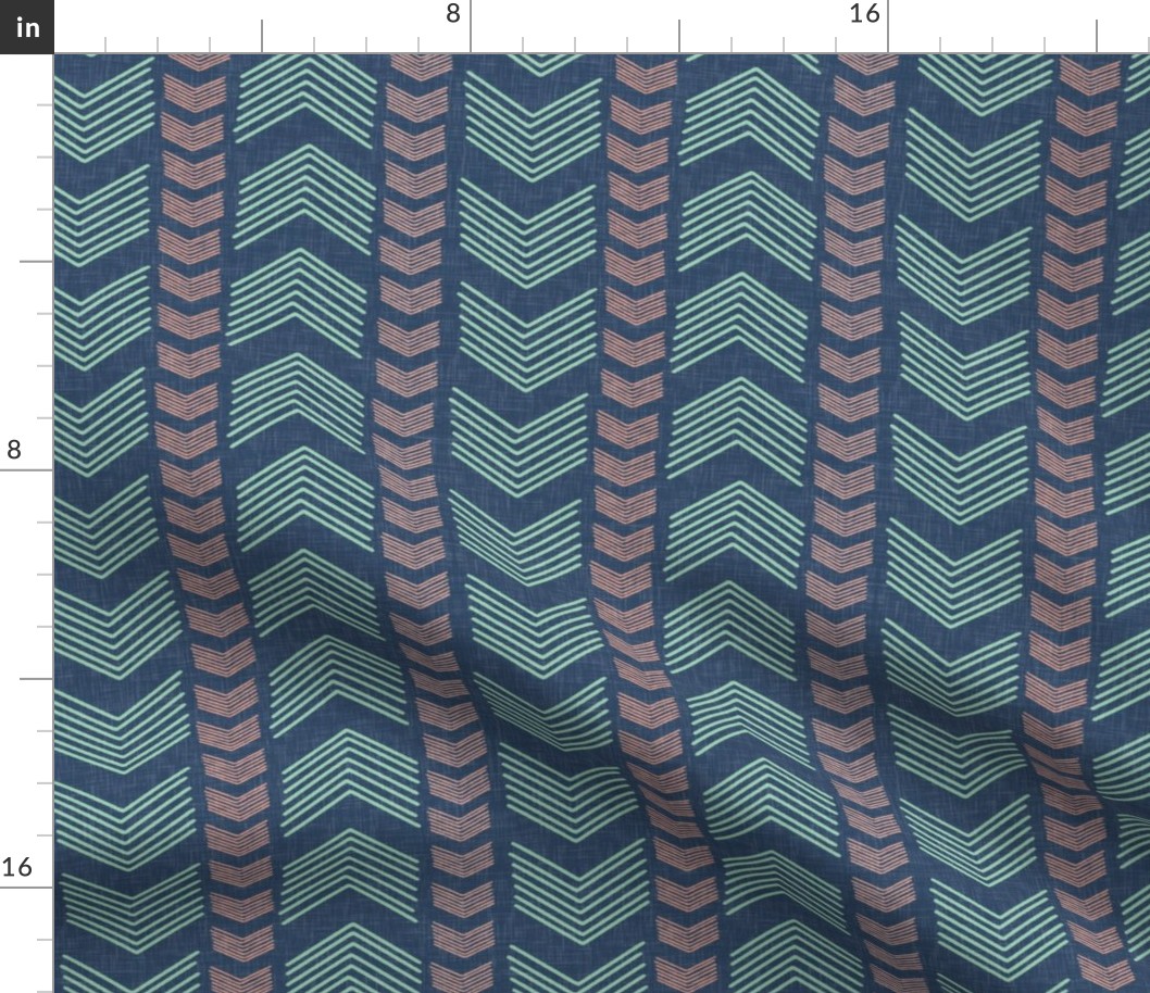 Herringbone Stripe in Navy Mint and Coral