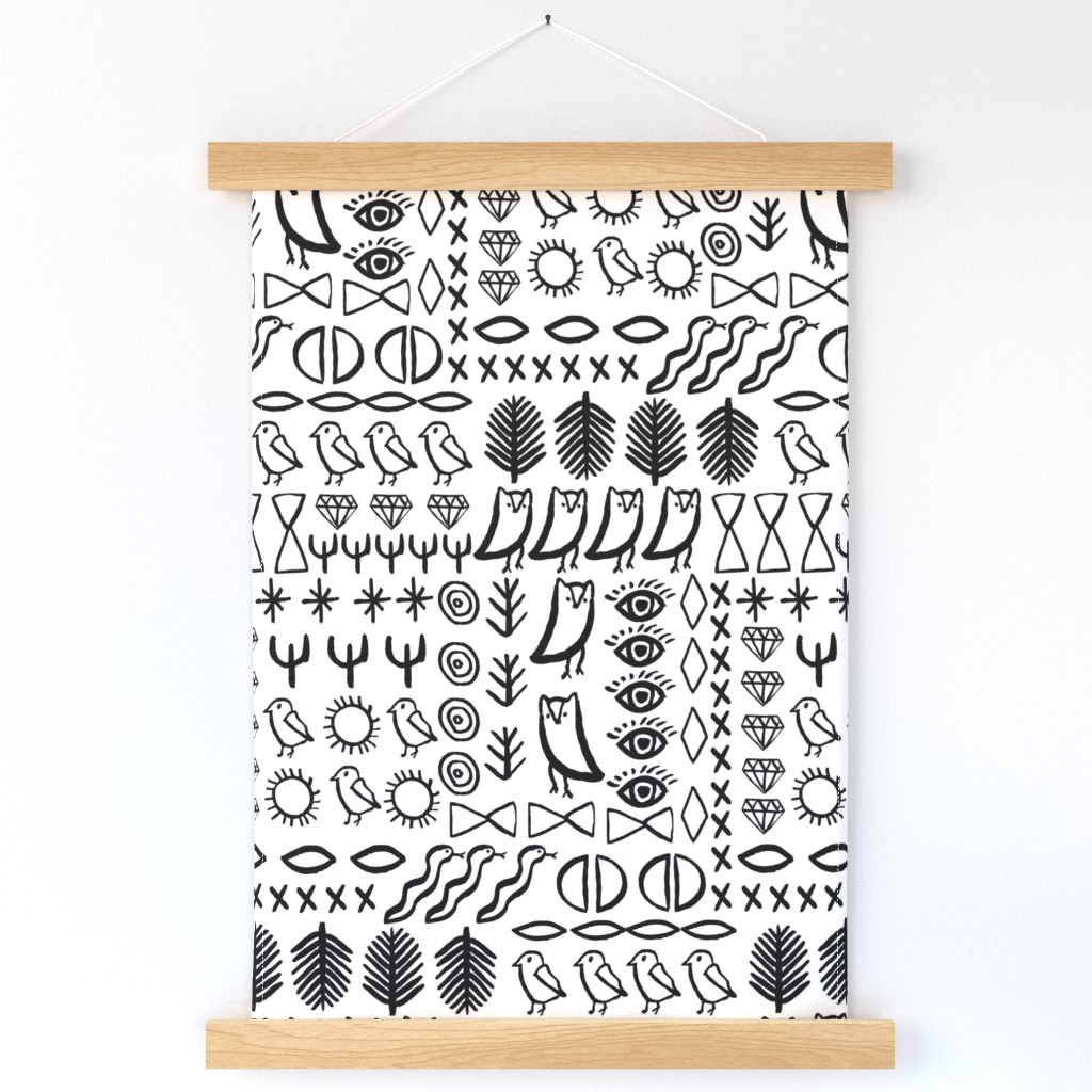 shapes // boho tribal aztec bird cactus desert tribal bird snake shapes eyes black and white