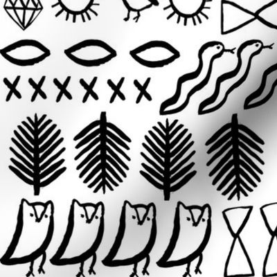 shapes // boho tribal aztec bird cactus desert tribal bird snake shapes eyes black and white