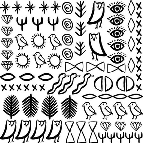 shapes // boho tribal aztec bird cactus desert tribal bird snake shapes eyes black and white