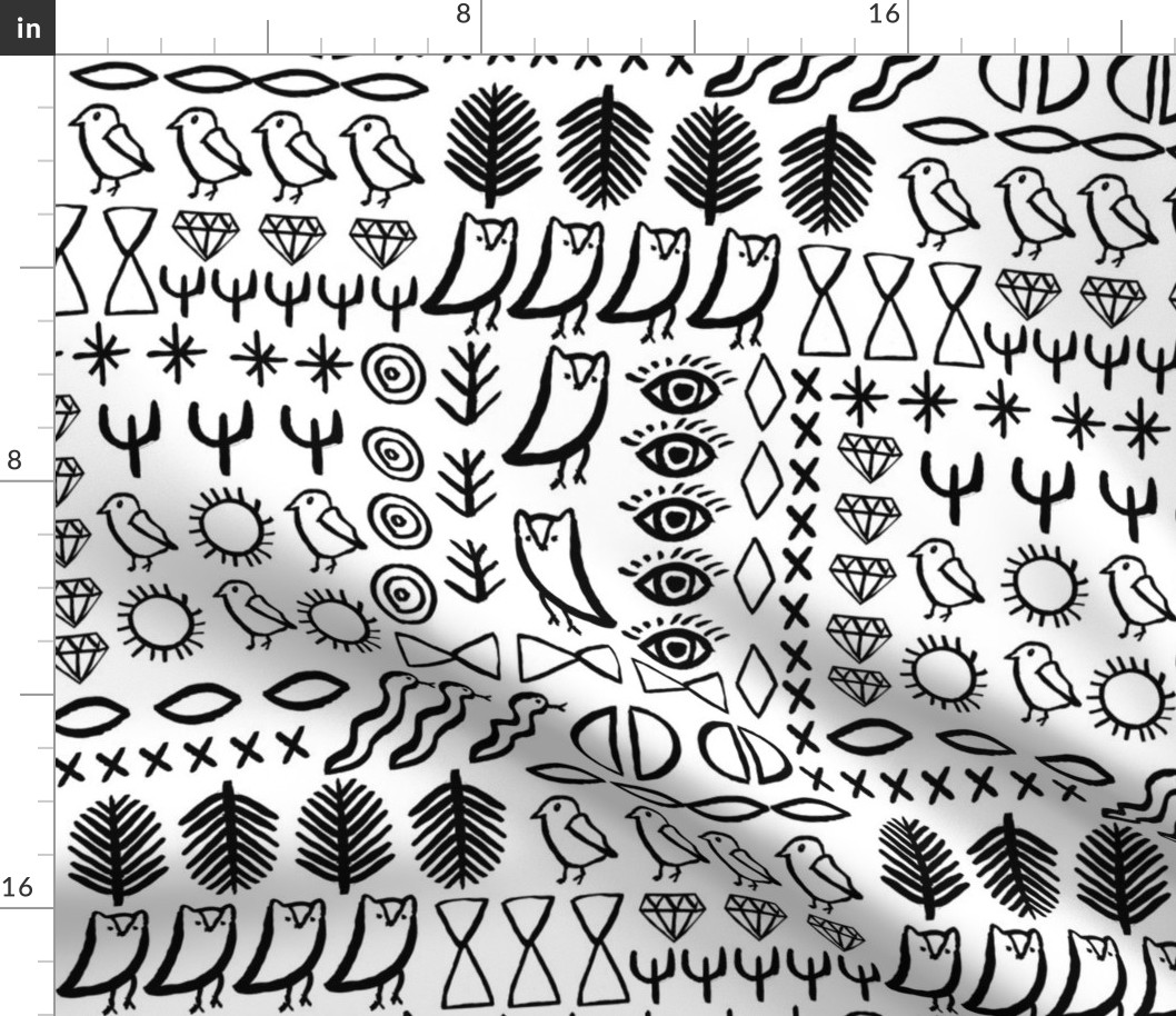 shapes // boho tribal aztec bird cactus desert tribal bird snake shapes eyes black and white