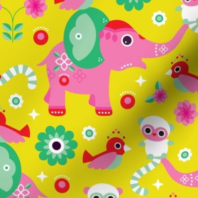 Colorful cute india elephant lemur monkey and flower birds oriental illustration print