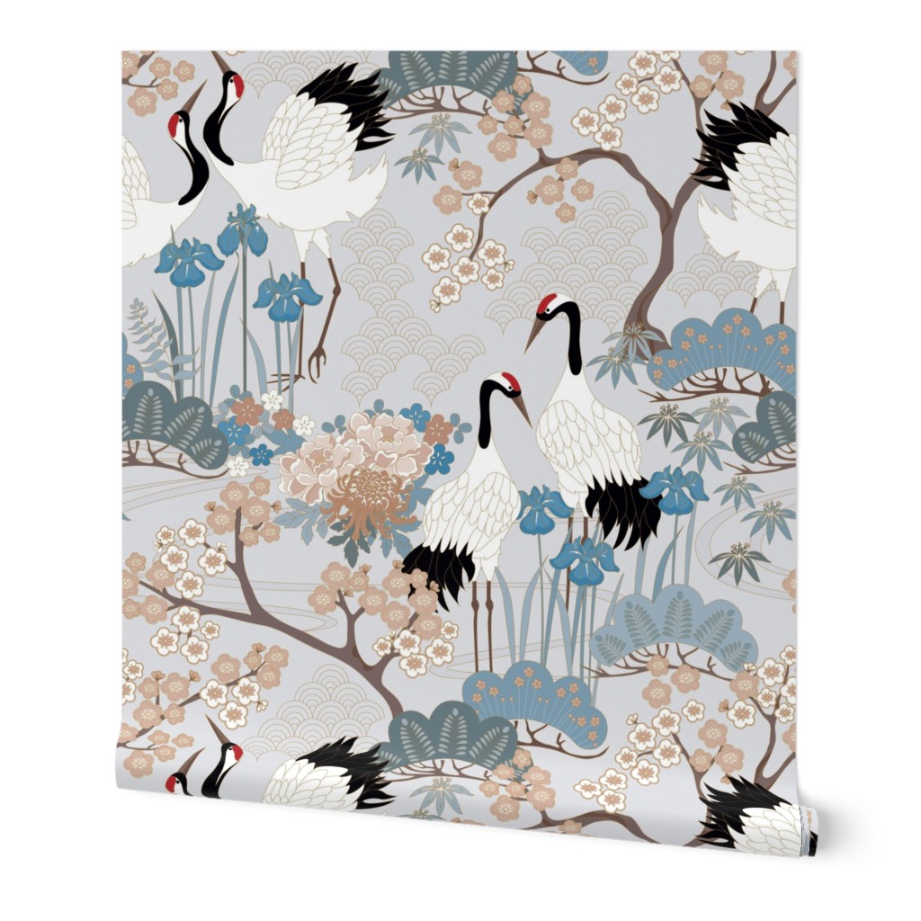 Enlarged Cranes 24 inch Wallpaper Japanese Garden Grey 