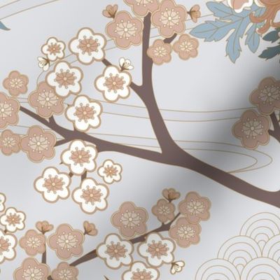 Enlarged Cranes 24 inch Wallpaper Japanese Garden Grey 