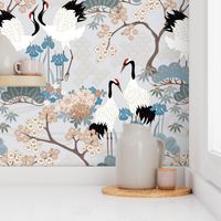 Enlarged Cranes 24 inch Wallpaper Japanese Garden Grey 