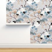 Enlarged Cranes 24 inch Wallpaper Japanese Garden Grey 