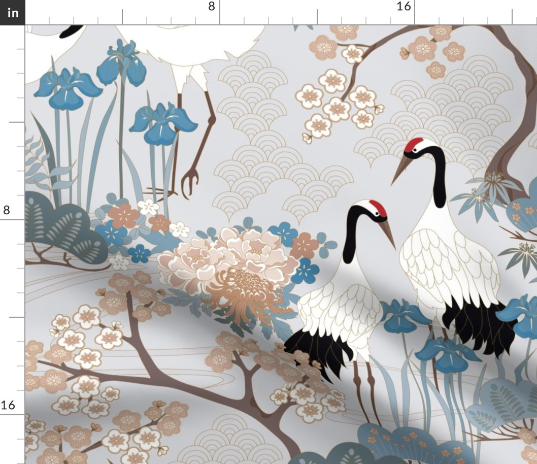 Enlarged Cranes 24 inch Wallpaper Japanese Garden Grey 