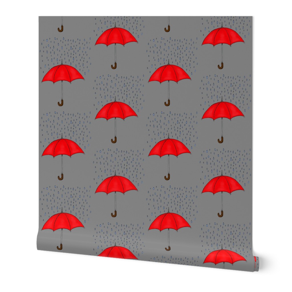 Umbrellas and Raindrops-Red