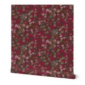 maxiflora ditsy floral in chocolate fondant brown, orchid and cerise red