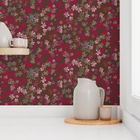 maxiflora ditsy floral in chocolate fondant brown, orchid and cerise red