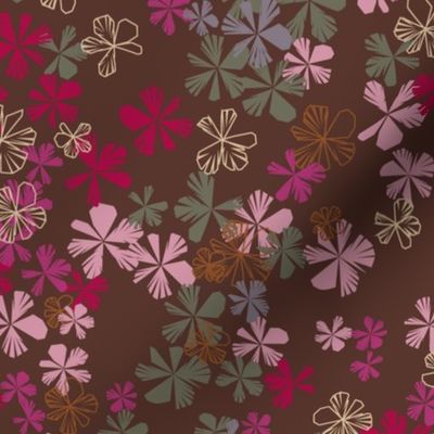 maxiflora ditsy floral in chocolate fondant brown, orchid and cerise red