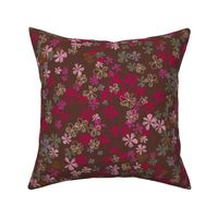 maxiflora ditsy floral in chocolate fondant brown, orchid and cerise red