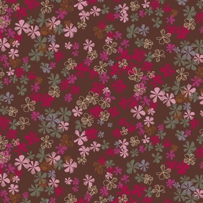 maxiflora ditsy floral in chocolate fondant brown, orchid and cerise red