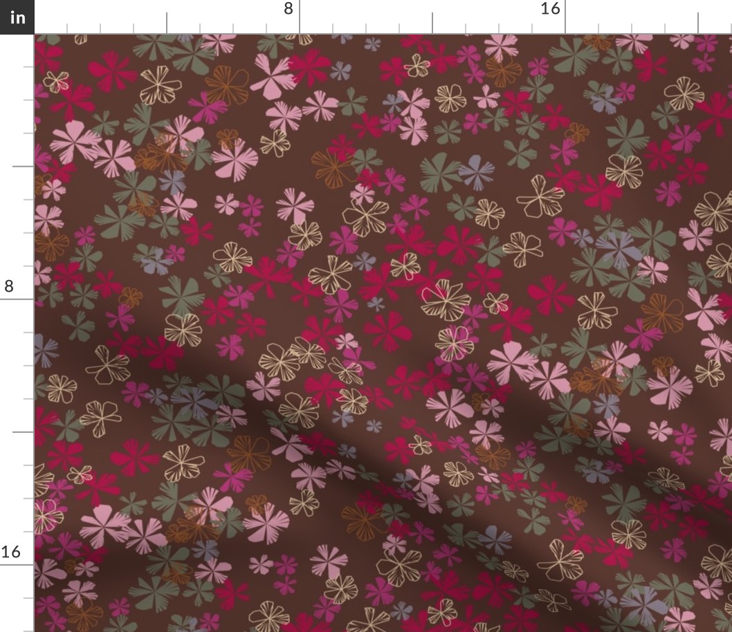 maxiflora ditsy floral in chocolate fondant brown, orchid and cerise red