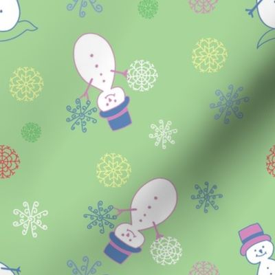 Whimsical Christmas Snowmen and Unique Snowflakes Festive Green Fabric