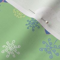 Whimsical Christmas Snowmen and Unique Snowflakes Festive Green Fabric