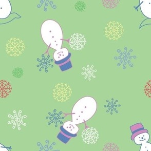 Whimsical Christmas Snowmen and Unique Snowflakes Festive Green Fabric