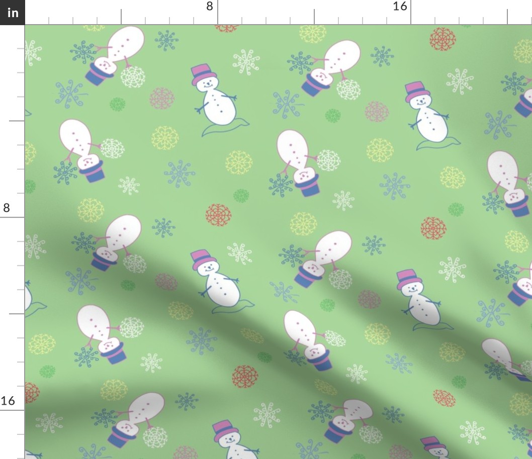 Whimsical Christmas Snowmen and Unique Snowflakes Festive Green Fabric