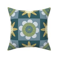 Checkered flowers and squares in teal