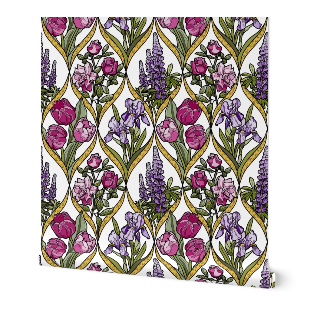 Framed Flowers pink and purple gold texture white F off upright