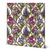 Framed Flowers pink and purple gold texture white F off upright